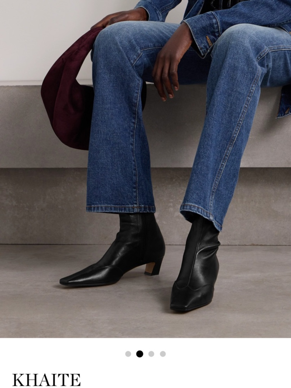 KHAITE Black Pointed Leather Mid-Low Heel Ankle Boots